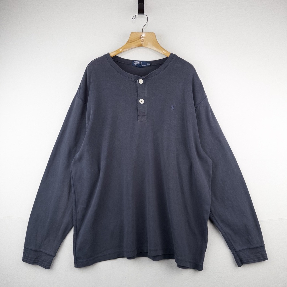 90's Vtg Polo Ralph Lauren 2-button Henley Long Sleeve Blue Tee Shirt Mens 2XL